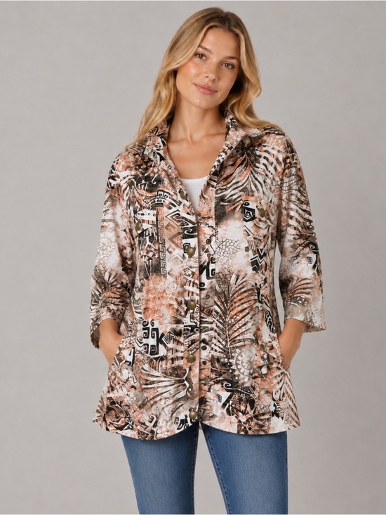Chico's Jackets & Blazers - Chicos Tropical Aztec Snap Up Jacket Toggle Neck Artsy Beachy Top Size 3 = XL